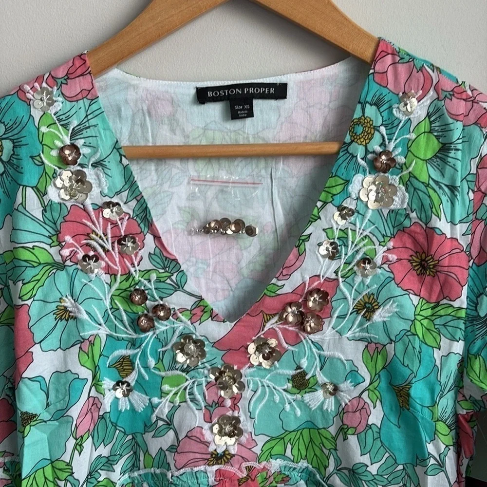 Boston Proper Bouquet Of Summer Embellished Peasant Dress XS NWOT